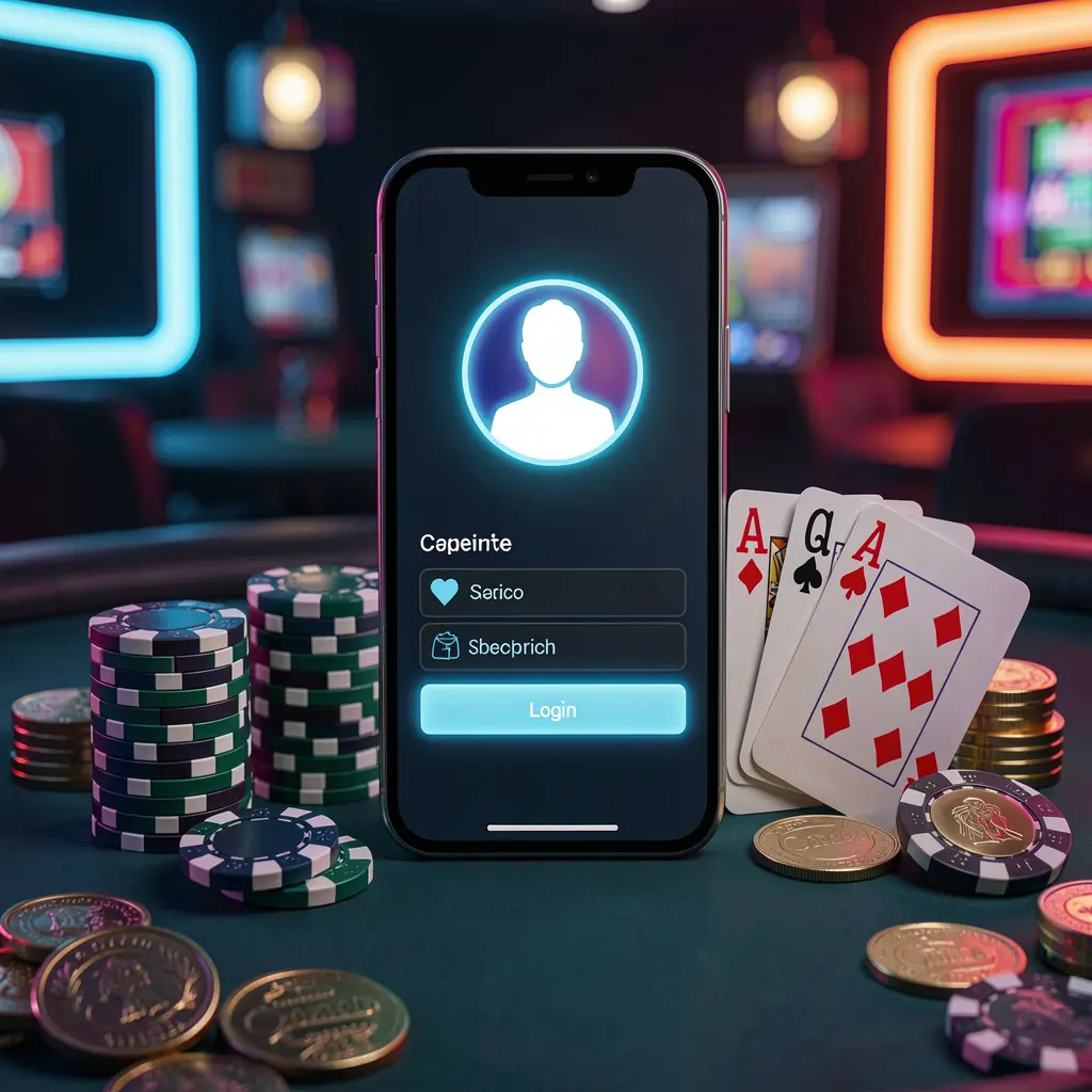 Casino app login scene on a smartphone displaying a glowing user profile icon with chips, cards, and coins nearby against an elegant dark background with neon highlights, featuring 749 GAMES branding Casino app login scene on a smartphone displaying a glowing user profile icon with chips, cards, and coins nearby against an elegant dark background with neon highlights, featuring 749 GAMES branding