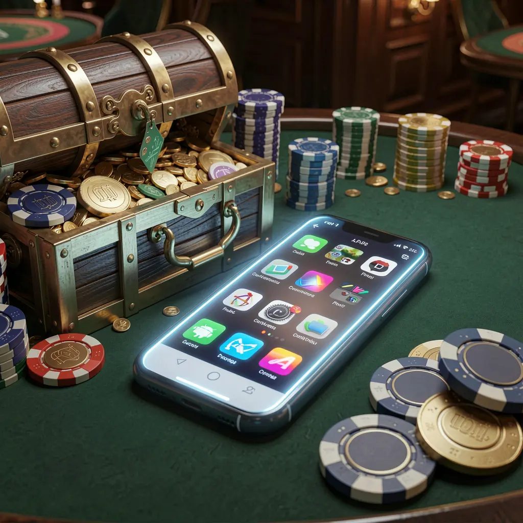 Glowing smartphone displaying 749 GAMES Casino APK with Android-style mobile app layout, surrounded by treasure chest, chips, and coins in a luxury 3D render Glowing smartphone displaying 749 GAMES Casino APK with Android-style mobile app layout, surrounded by treasure chest, chips, and coins in a luxury 3D render