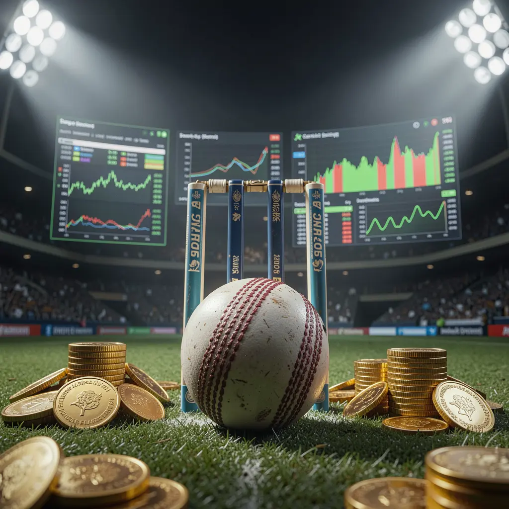 749 GAMES cricket betting page background featuring a cricket ball in the foreground with wickets behind, dramatic stadium floodlights, golden coins, and glowing data charts