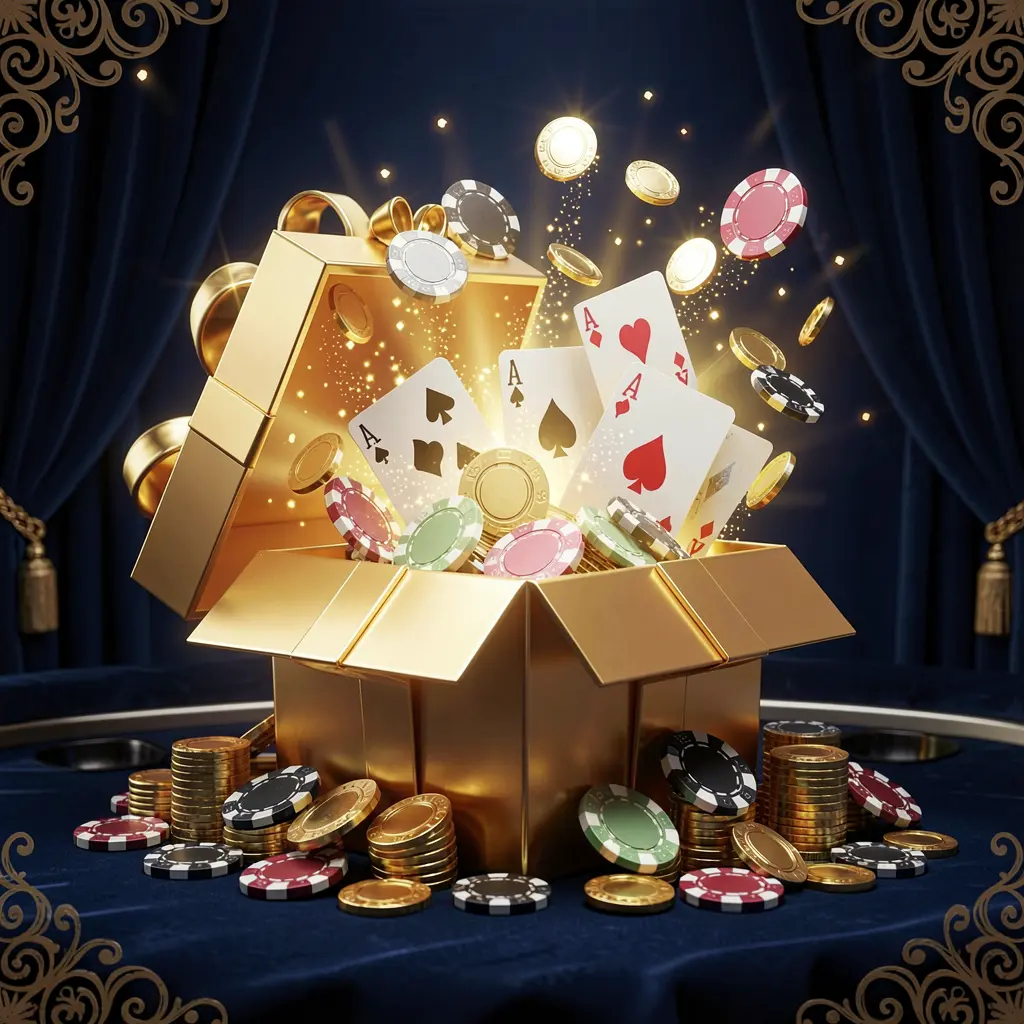 A luxurious welcome bonus scene for 749 GAMES online casino featuring an open golden gift box with casino chips, playing cards, and sparkling coins bursting out against a premium dark blue and black background with a bright golden glow in an elegant festive mood