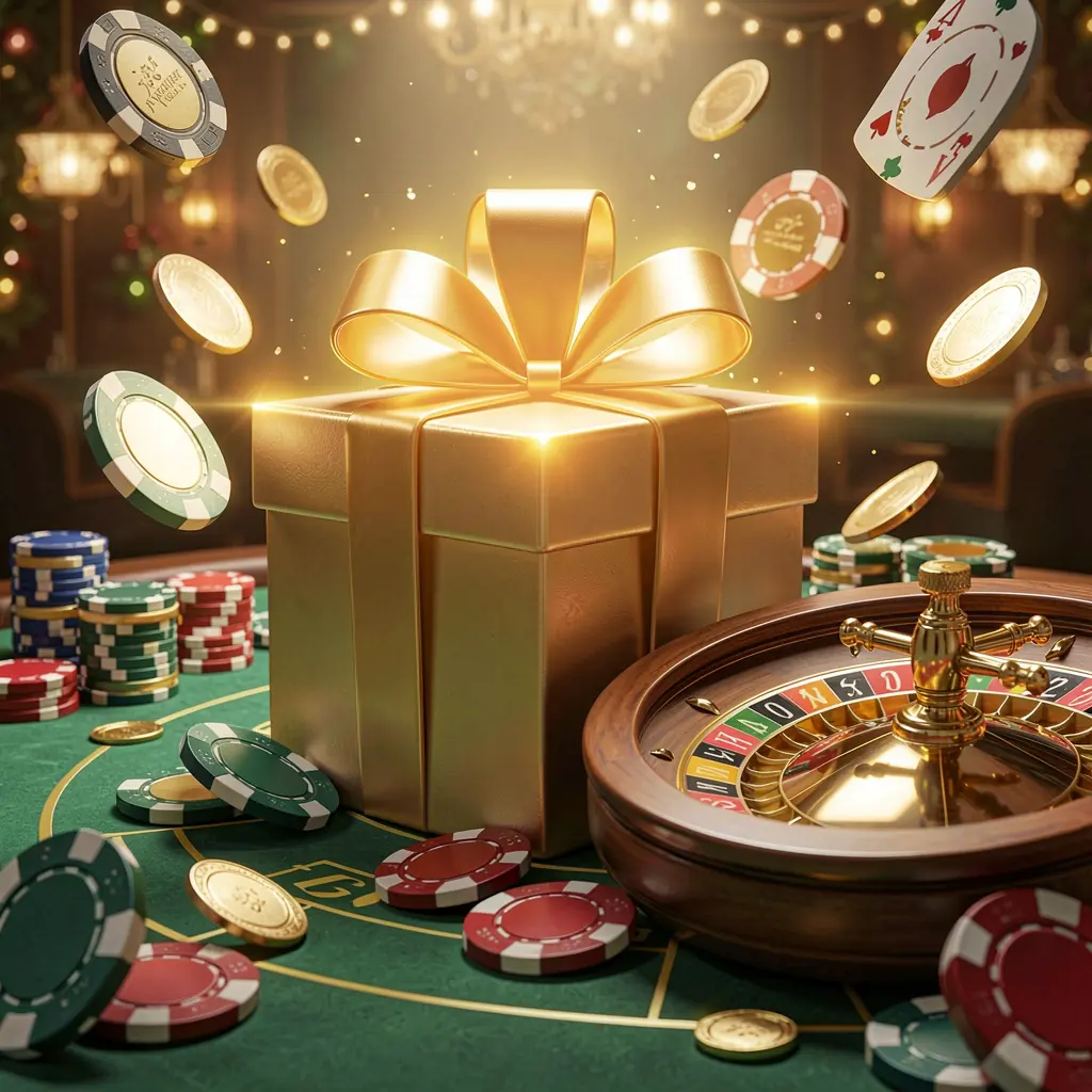 Welcome bonus visual by 749 GAMES featuring a glowing gift box, roulette wheel, poker chips, and flying coins in a festive casino atmosphere with cinematic lighting and high detail