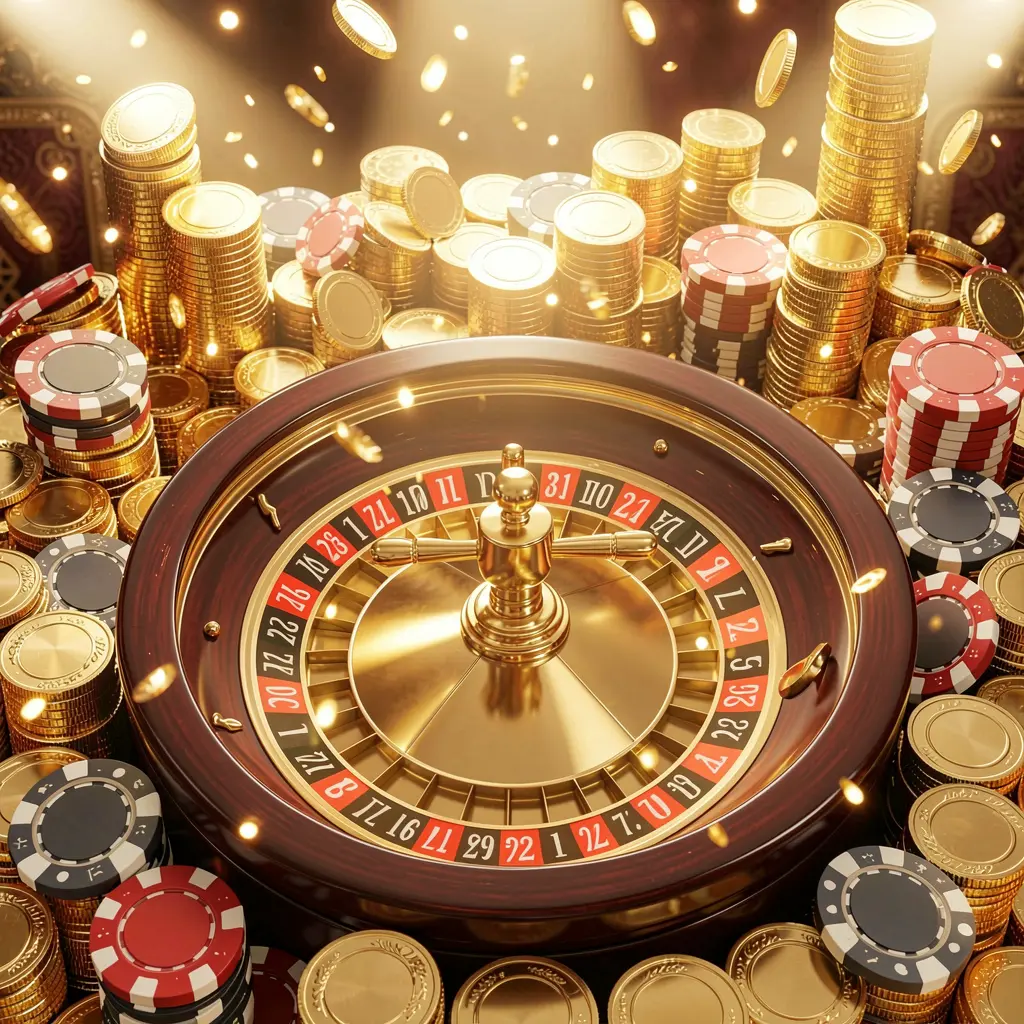 Realistic 3D render of a casino jackpot scene featuring golden coins, poker chips, and a roulette wheel with bright glowing lights, creating a luxury celebration atmosphere for 749 GAMES in the Philippines