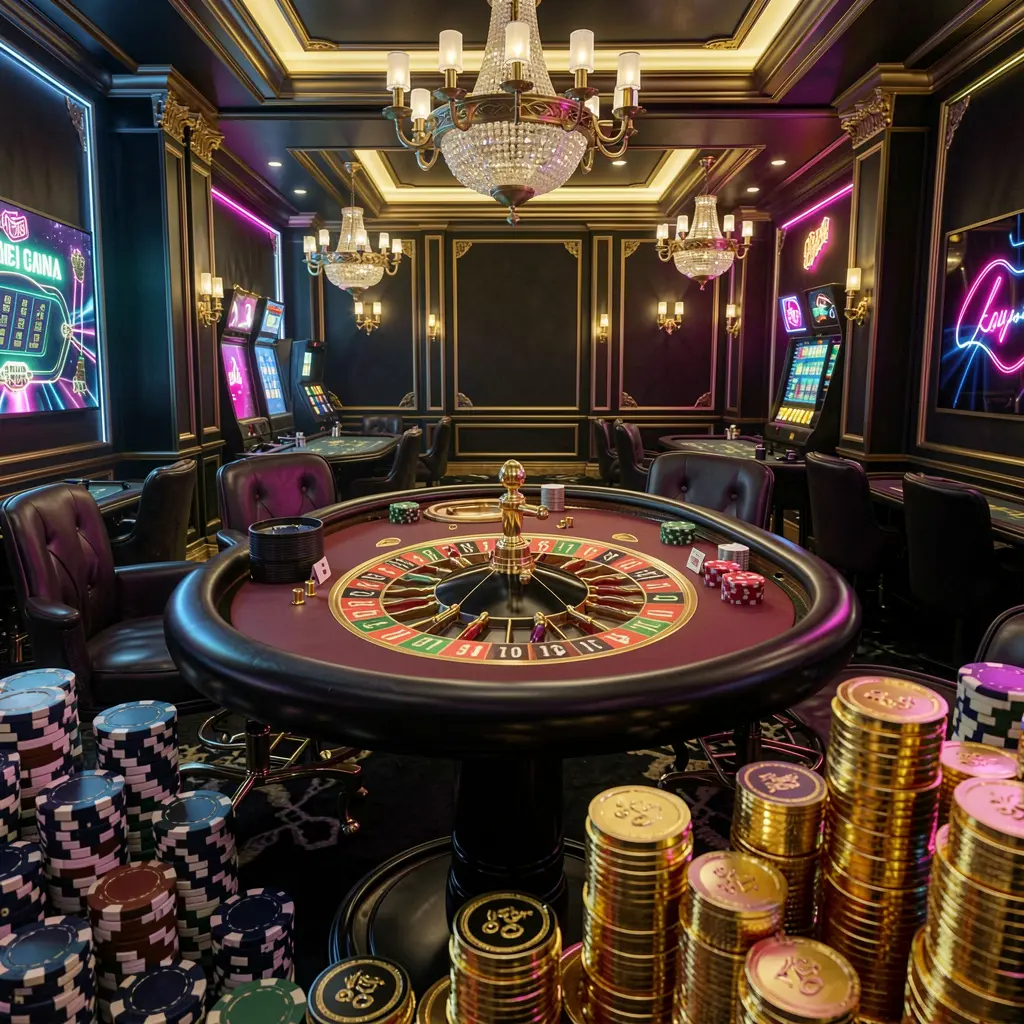 Luxury casino hall with roulette table, poker chips, and golden coins illuminated by glowing neon lights in a premium black and gold atmosphere, showcasing 749 GAMES online casino.
