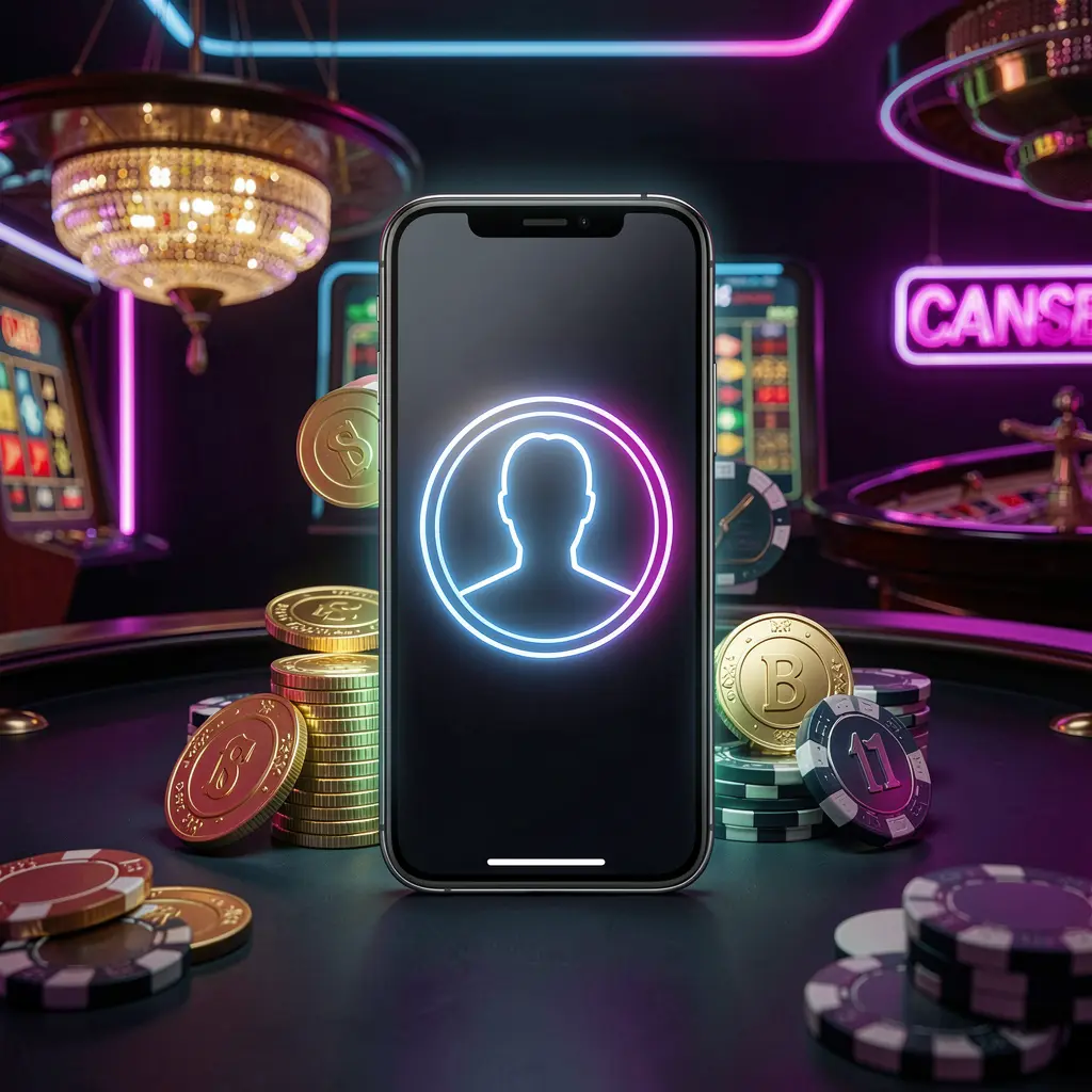 Modern phone displaying glowing profile icon for 749 GAMES online casino sign in, set against a premium dark neon background with roulette lights, golden coins, and poker chips