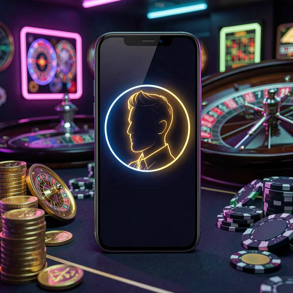Modern phone displaying glowing profile icon for 749 GAMES online casino sign in, with roulette lights, golden coins, and poker chips in a premium dark neon atmosphere