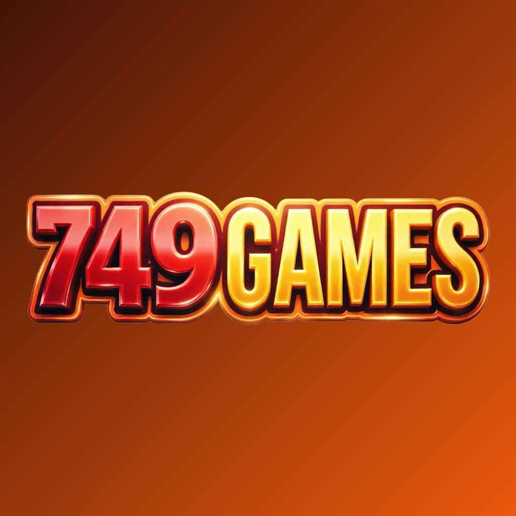 Vibrant 749 GAMES logo featuring bold heavy typography in bright red, yellow, and orange with a glossy 3D effect, designed as an energetic modern horizontal rectangular wordmark on a transparent background