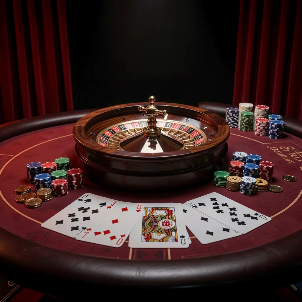 Elegant gaming table featuring roulette, blackjack cards, poker chips, and coins with luxury cinematic lighting on a black and red background, showcasing 749 GAMES online casino platform